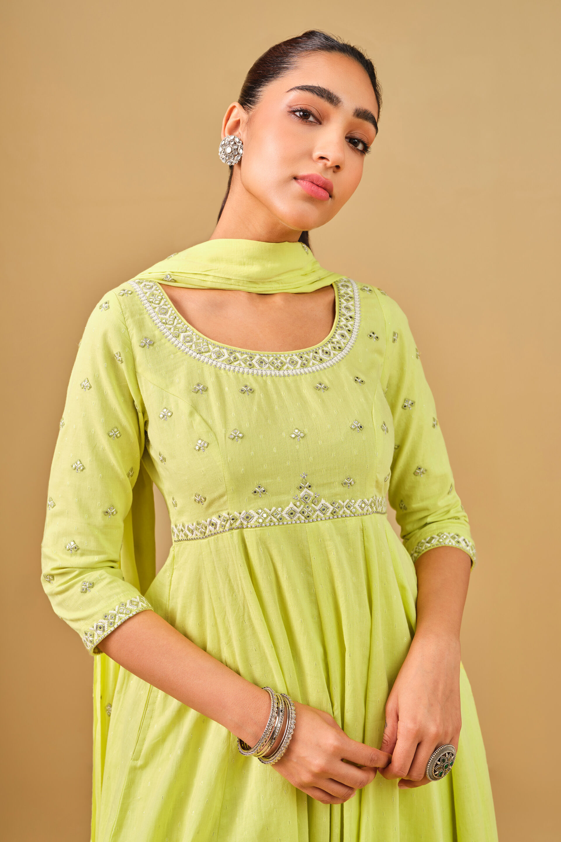 Lime green Embroidered Anarkali Kurta Set, Lime, image 6